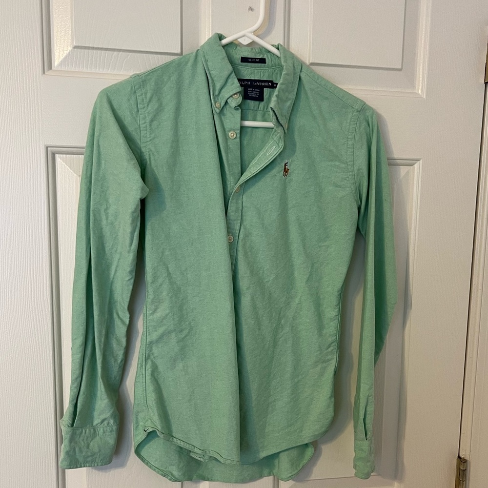 Ralph Lauren Slim fit,long sleeve, green dress shirt size 0
